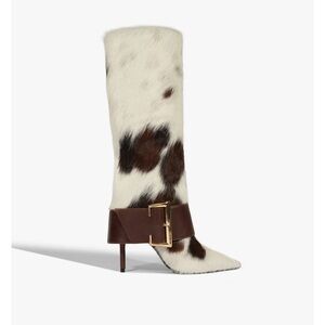 SCHUTZ White and Brown Cowhair Knee Boot with Gold Buckle